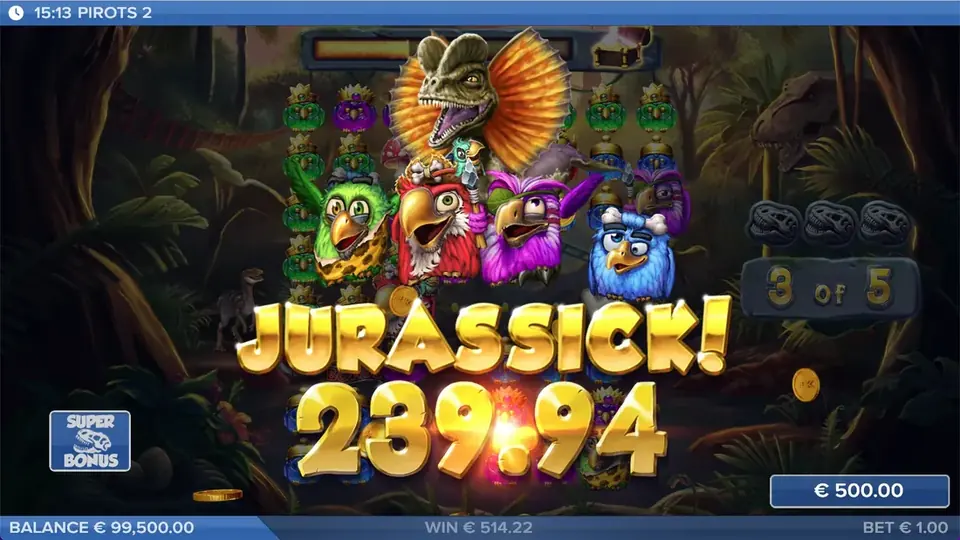 Pirots 2 Jurassick vinst-skärm med vinstanimation