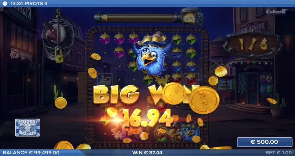 Pirots 3 stor vinst-skärm med vinstanimation