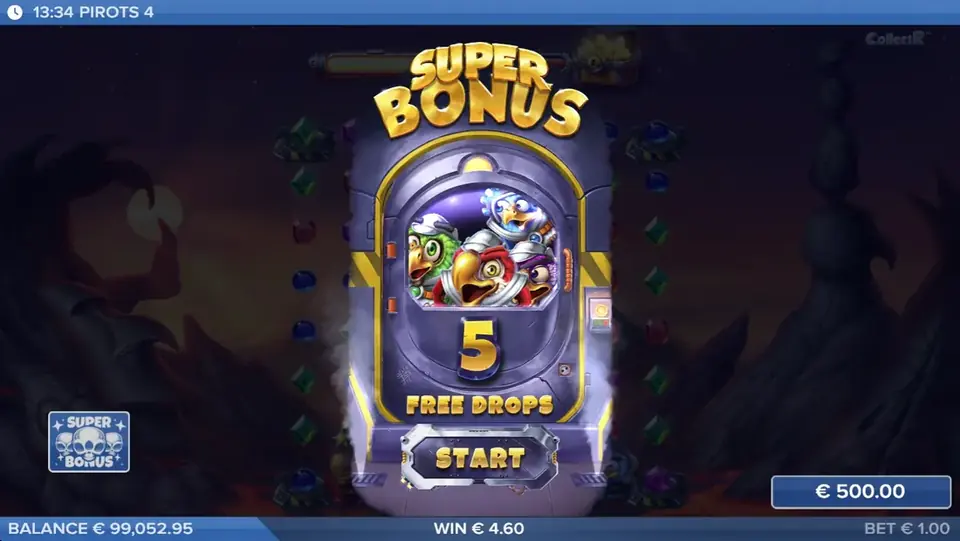 Pirots 4 bonusläge med Free Drops aktiverade i Inferno