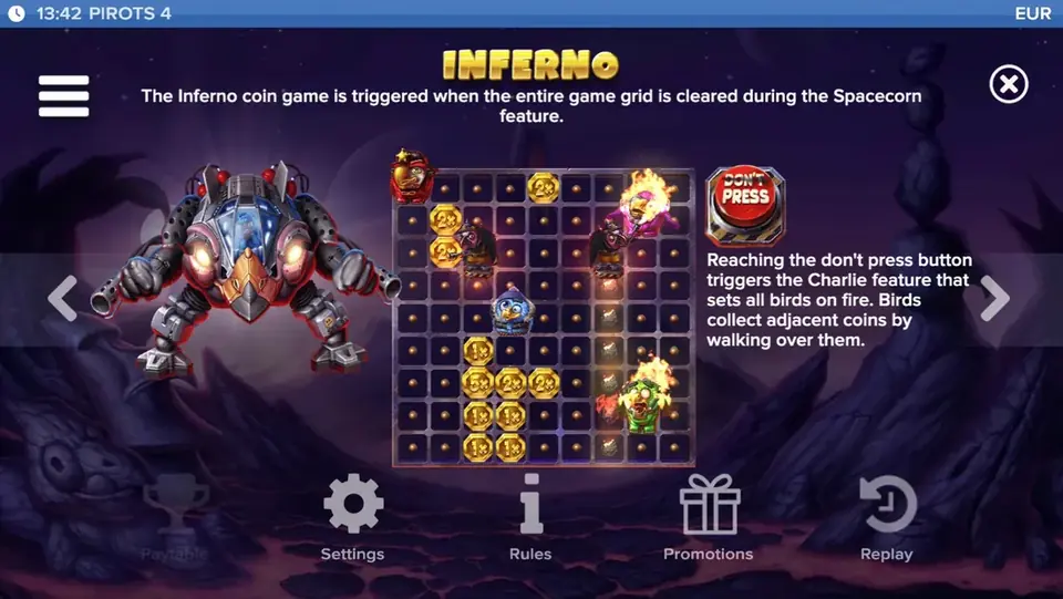 Pirots 4 utbetalningstabell nivå 7 med symboler och värden i Inferno