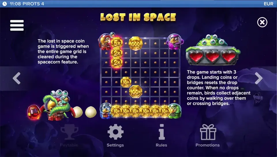 Pirots 4 utbetalningstabell nivå 7 med symboler och värden i Lost in Space