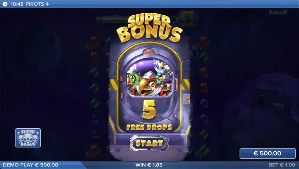 Pirots 4 superbonusläge med Free Drops aktiverade i Lost in Space