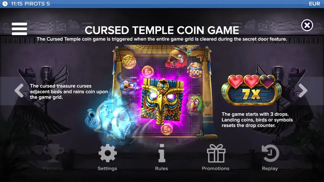 Pirots 5 Cursed Temple myntspel Hold and Win