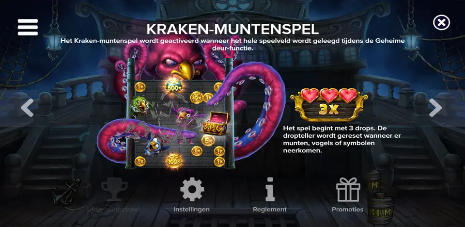 Infoskärm med fällorna i Pirots 5 The Kraken: pilfälla, ankarfälla och hemlig dörr