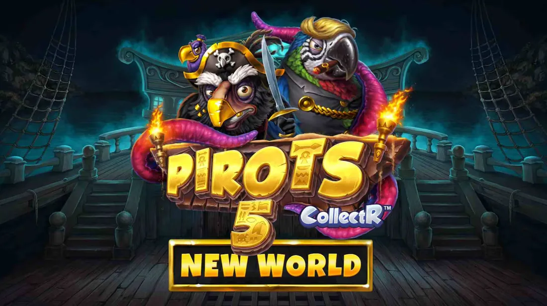 Pirots 5 New World reklambanner med Captain Redfeather, Aaron och Krakens tentakler
