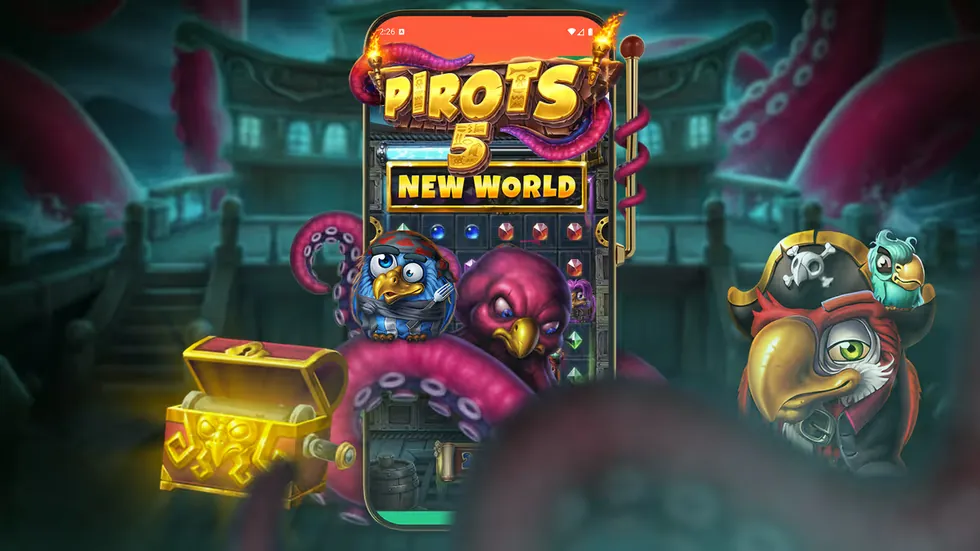 Pirots 5 The Kraken i mobilen med spelplan, skattkista och tentakler