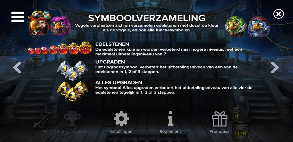 Infoskärm om symbolinsamling och uppgradering av ädelstenar i Pirots 5 The Kraken