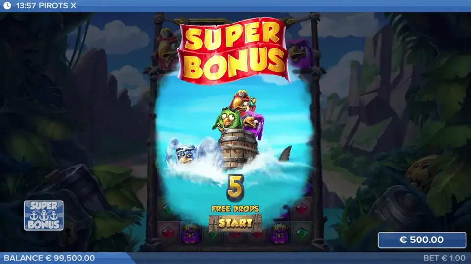 Pirots X bonusläge med Free Drops aktiverade