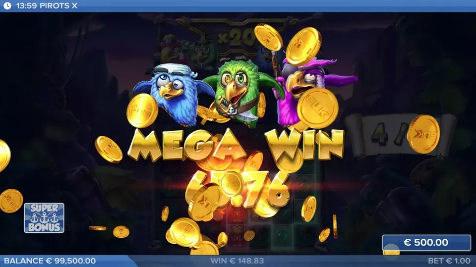 Pirots X mega vinst-skärm med vinstanimation
